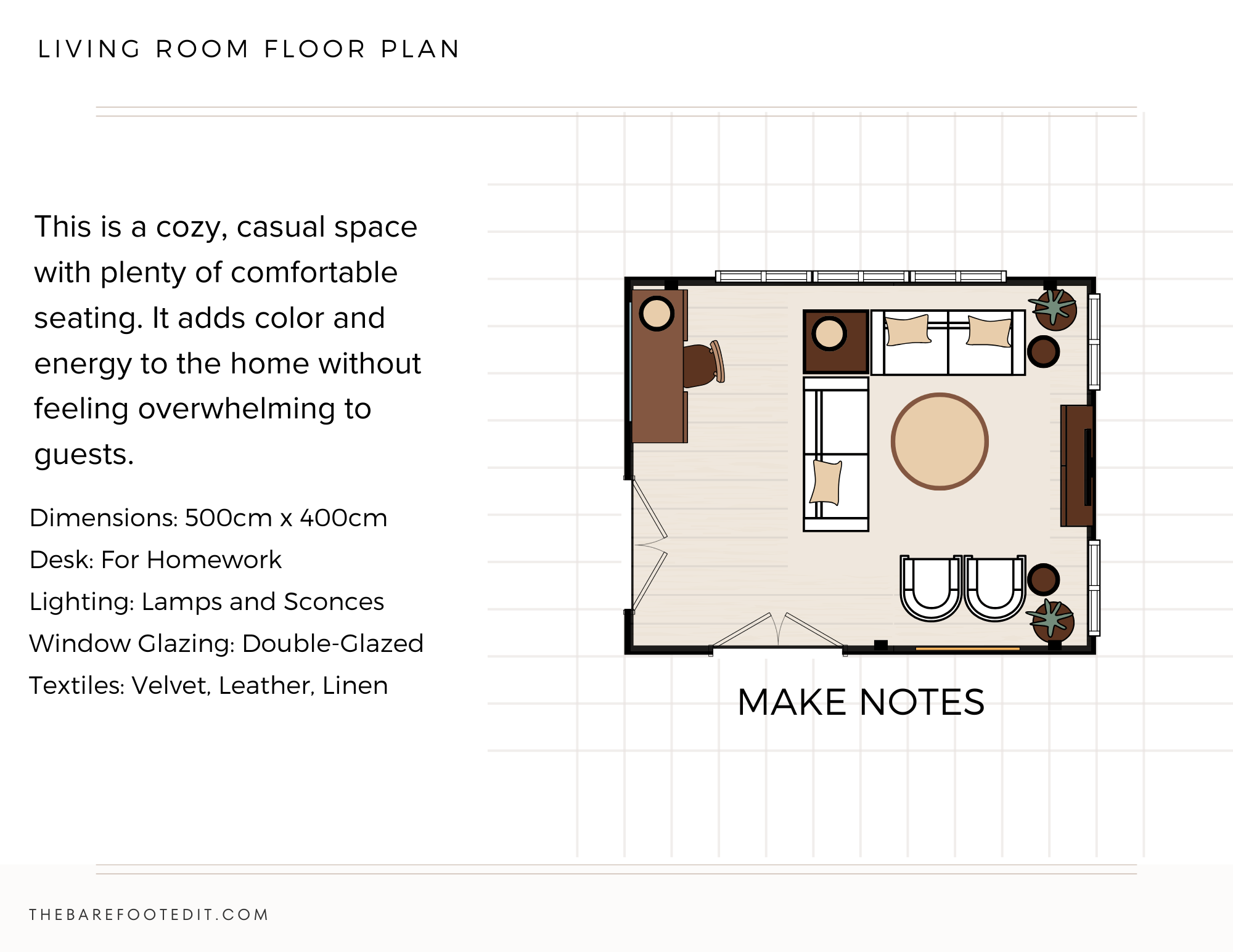 Living room floor plan with furniture layout (sofa, chairs, coffee table, desk) and notes on dimensions and lighting terms.