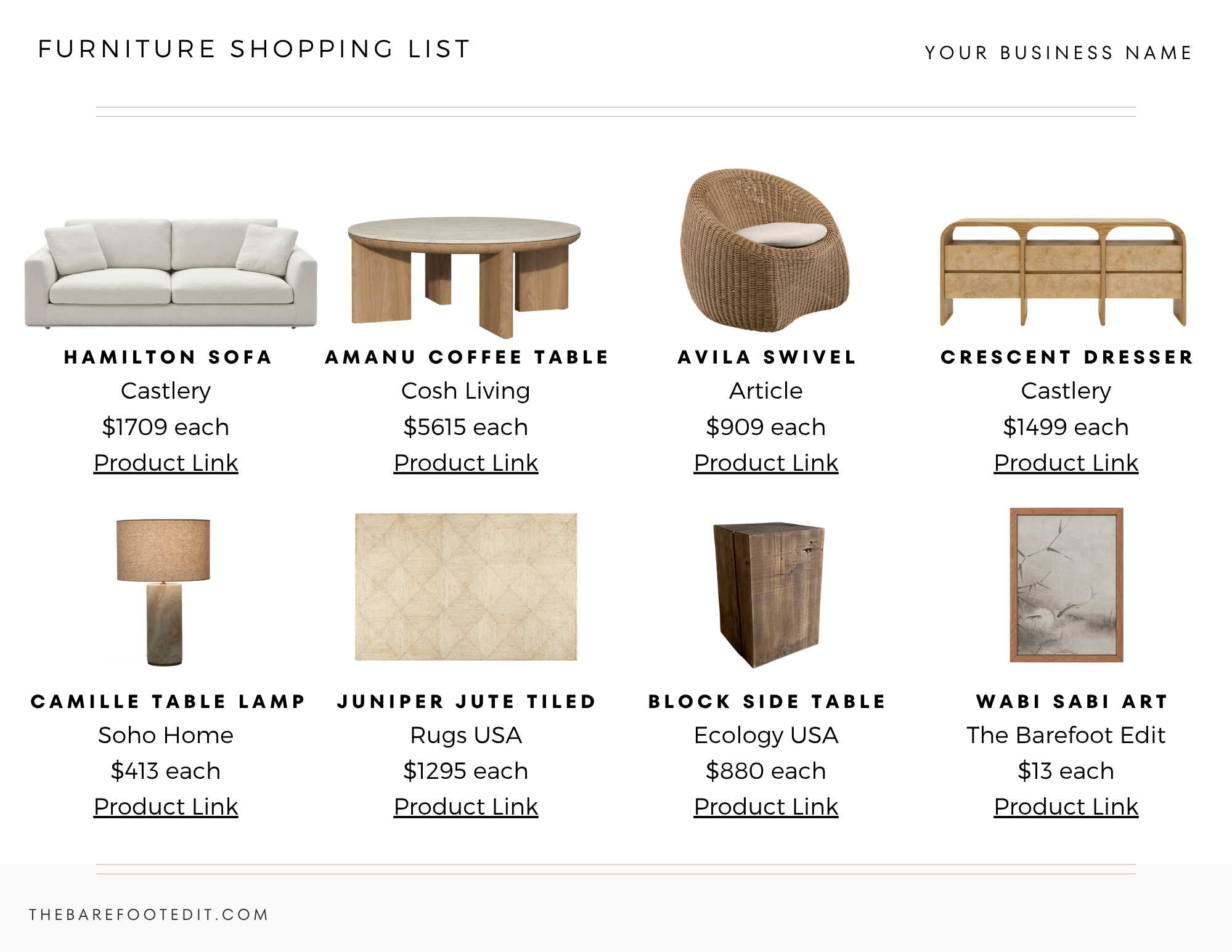 Product grid featuring furniture with names and prices: Hamilton Sofa, Amanu Coffee Table, Avila Swivel, Crescent Dresser from Castlery/The Barefoot Edit