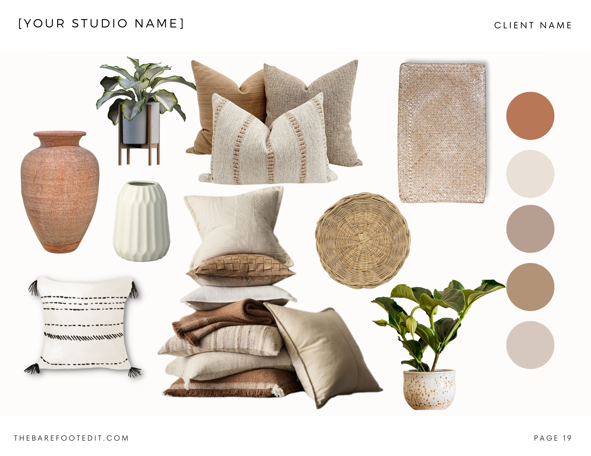 Collage of neutral home decor items including pillows, vases, basket, plant, and color swatches on the right.