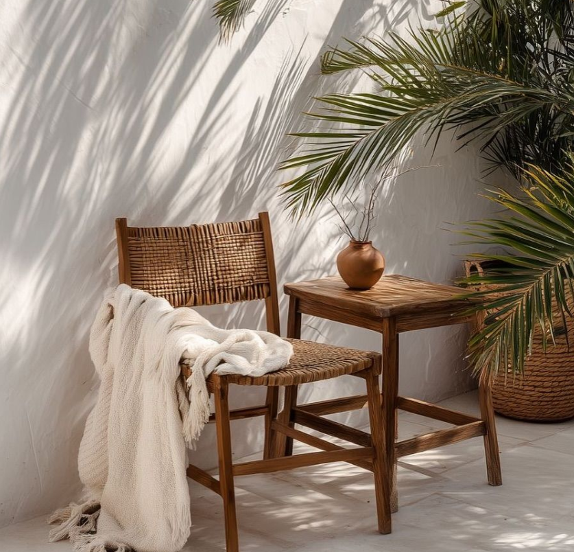 Wooden chair with a woven back and seat, a cream blanket draped over it, beside a small wooden table with a clay vase, in a sunlit patio setting.